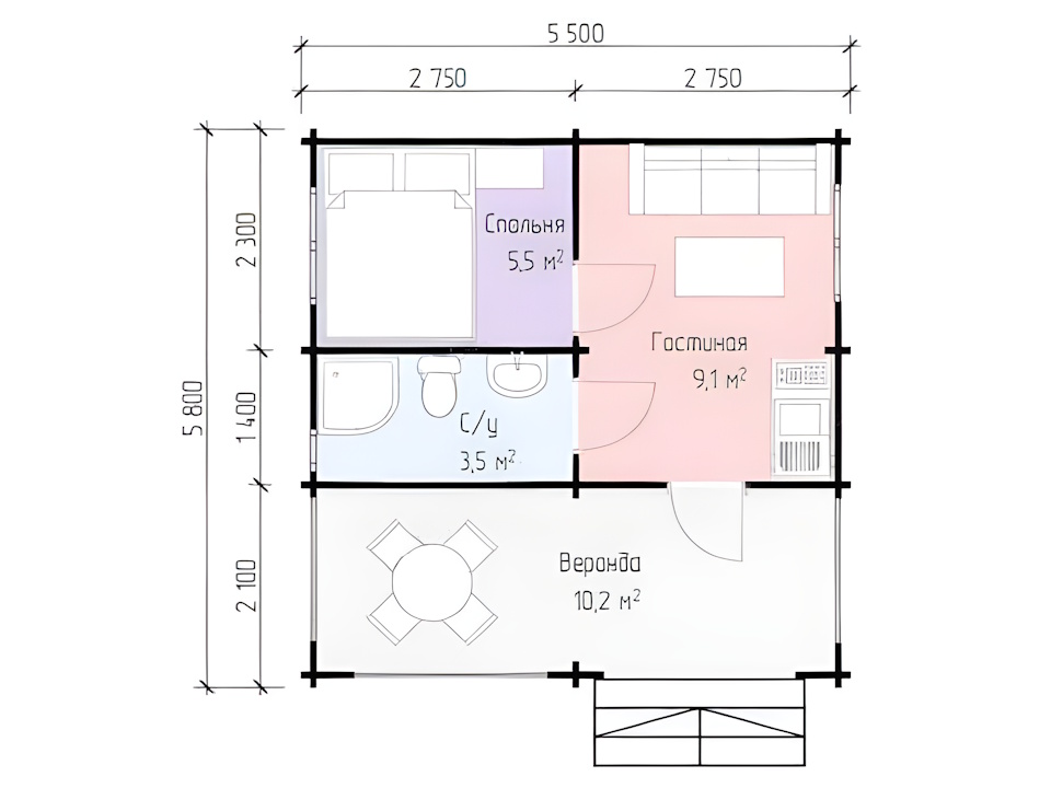 Дом из бруса 44 мм 5.5х5.8м