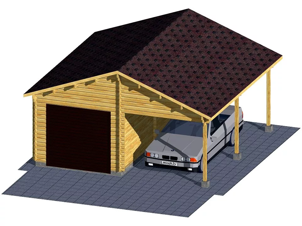 Гараж с навесом из бруса «Инь-Ян»